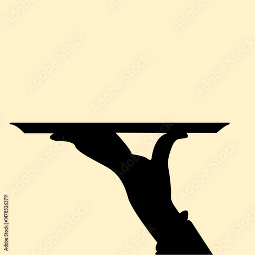 Silhouette of hand holding tray concept. Design icon of waiter bring dish food. Vector illustration.
