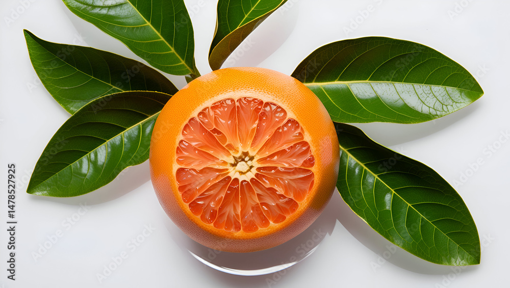 Fresh whole grapefruit with green leaves, isolated on a transparent white background, representing a healthy citrus fruit concept
