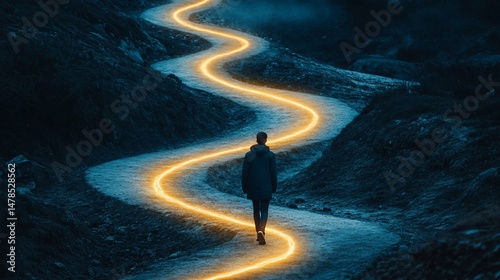 Following the Glowing Path A Man Walks a Winding Trail in the Darkness