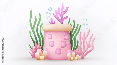 Whimsical Pink Coral Reef Illustration with Stone Structure