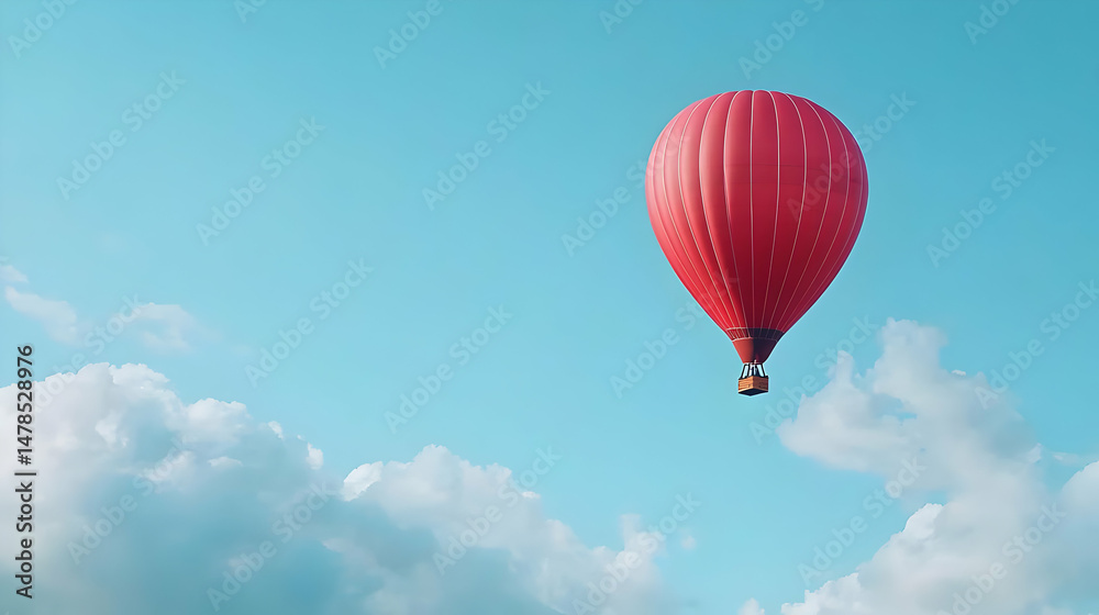 Fototapeta premium Red Hot Air Balloon Floating in Light Blue Sky with White Clouds