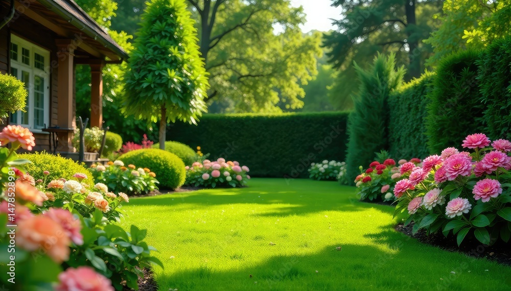 Obraz premium Landscaped backyard with lush green lawn, flowers , grass, landscape