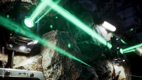 Emitting Green Laser Beams from Futuristic Device Near Stone Wall