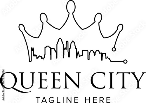 simple black line art crown and cincinnati skyline of queen city icon logo design
