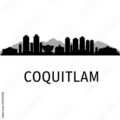 Coquitlam Skyline with BC, and Canada Cityscape Silhouette.