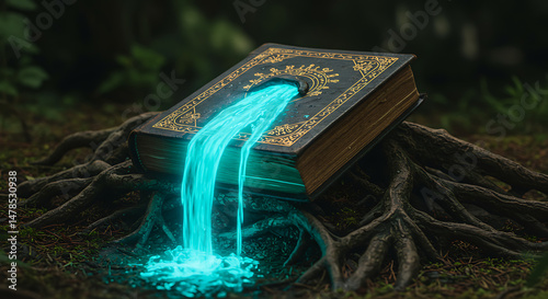 Enchanted Book with Waterfall of Words