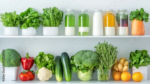 Fresh Organic Vegetables and Juices on Kitchen Shelves Display