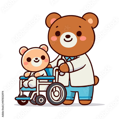 Cartoon illustration of Doctor Bear pushing a patient in a wheelchair