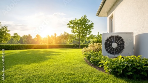 Air Conditioning Unit on Green Lawn During Bright Sunset Scene