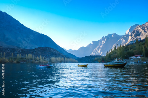 Beautifull Upper Kachura Lake with beautifull blue sky scenrey in Skardu Pakistan.