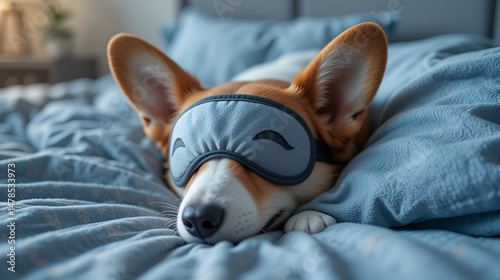 Cute Corgi Sleeps On The Bed With Eye Mask. Live with schedule, time to wake up.