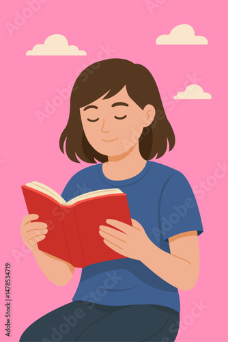 Flat illustration of a young woman reading a book peacefully.