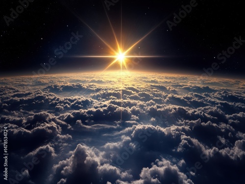 Aerial View of Clouds at Sunset with Starburst Sun Shining Above Horizon from Space Perspective