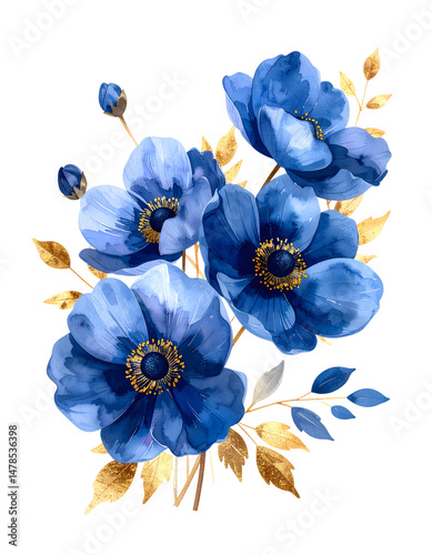 Isolated on white, navy blue anemones gold metallic luxury floral 