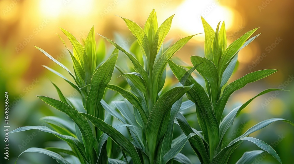 Obraz premium Three green stalks are lit up, back-lit in sunny field