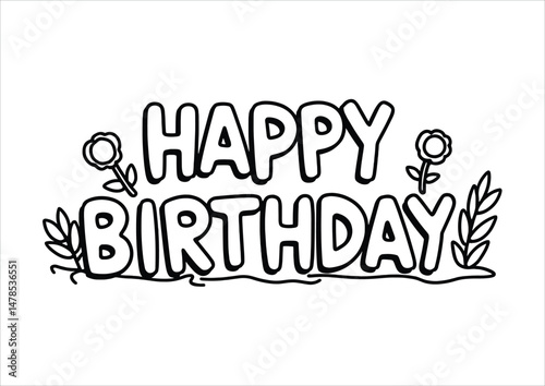'HAPPY BIRTHDAY' Black and White Typography Coloring Page – A4 Printable Artwork for High-Quality Printing
