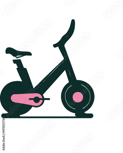 Flat minimal bold silhouette icon of exercise bicycle dark green silhouette with a pink accent detail health wellness icon