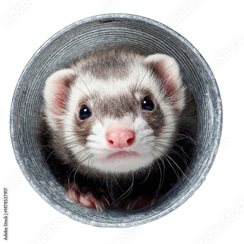 Adorable ferret peeking from a rustic metal bucket cute pet animal photography studio shot eyes nose face head paws tiny on transparent background