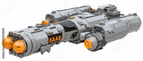 Detailed view of a gray and orange futuristic spaceship assembled from bricks