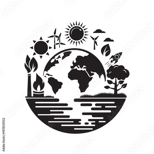 World Environment Day Silhouette Vector Illustration, Solid White Background.