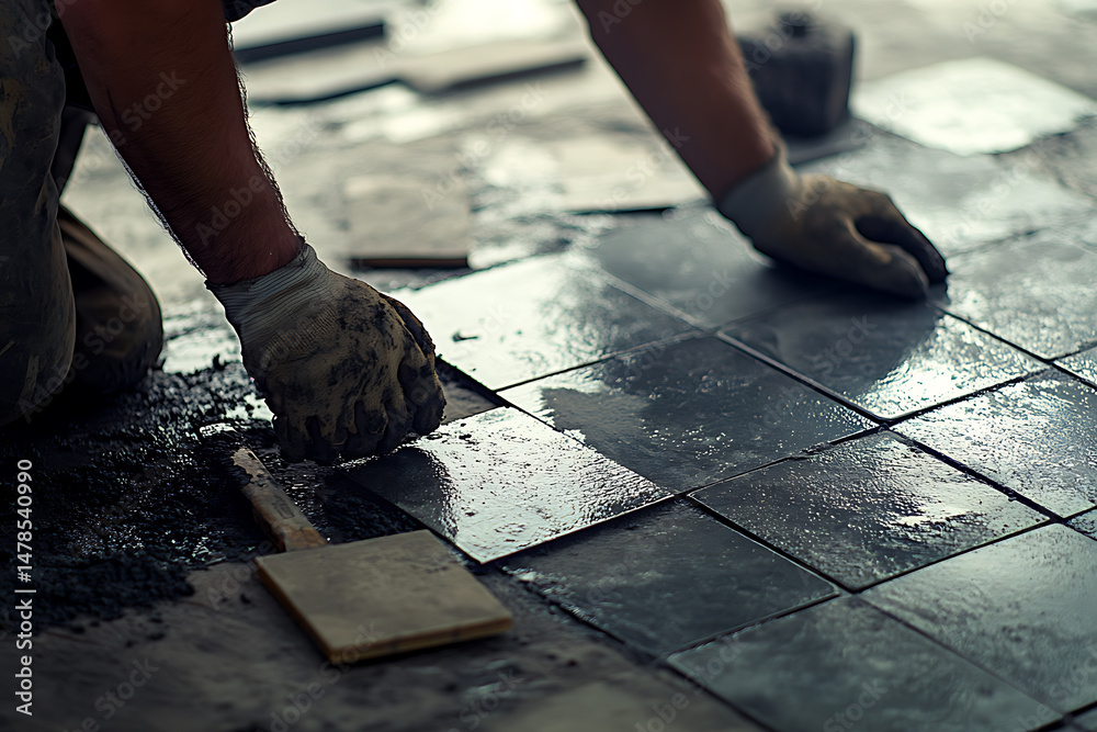 Tile Installer Laying Slate Flooring Tile Installer Laying Slate Flooring