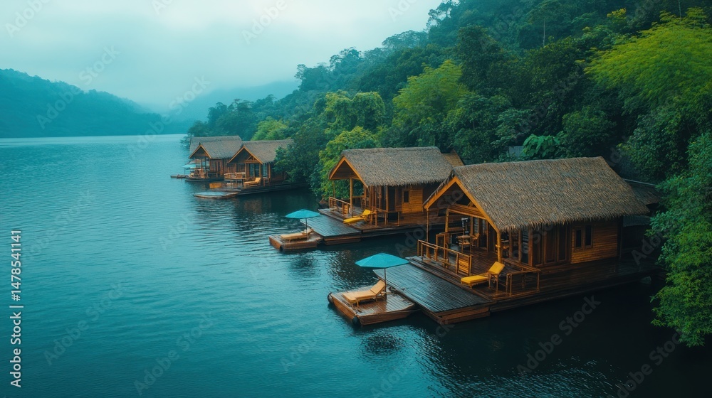 Fototapeta premium Serene Lakefront Cabanas: Tropical Getaway