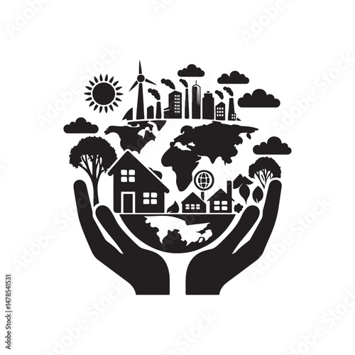 World Environment Day Silhouette Vector Illustration, Solid White Background.