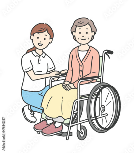 車椅子の高齢女性と介助をする女性介護士のイラスト