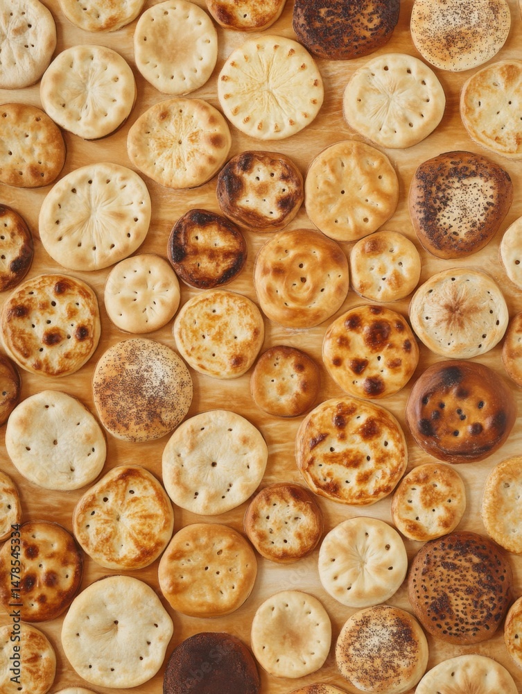 Obraz premium Overhead flat-lay of various homemade pita breads showing different levels of baking and toppings on a wooden surface