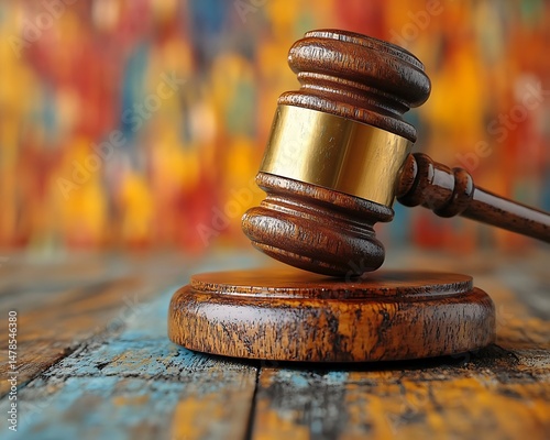 Wooden gavel on rustic table
