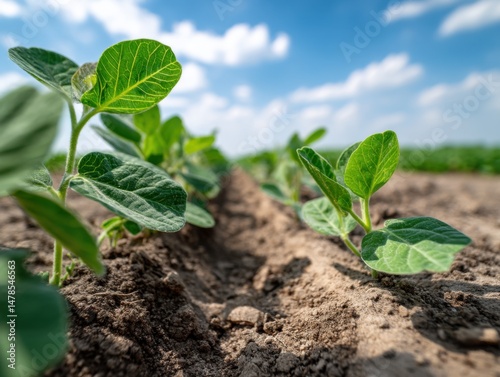 Low angle view of soybean seedlings growing in cultivated field under blue sky with clouds in spring season