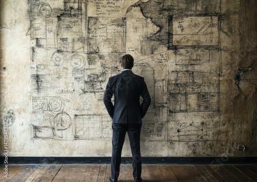 Man contemplates historic sketches on a wall