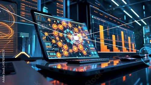 Cybersecurity Dashboard Interface on High-Tech Laptop in Data Center