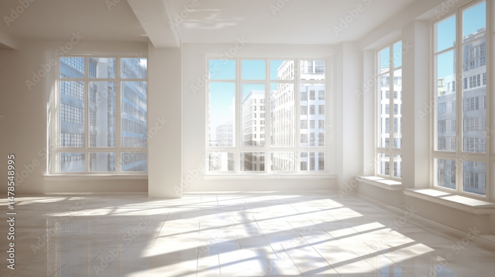 Fototapeta premium Bright Empty Room Interior with Large Windows and City View, Real Estate Staging, Modern Architecture, Sunny Day, Low Angle