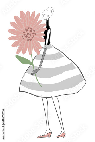 Woman in grey dress with pink gerbera.