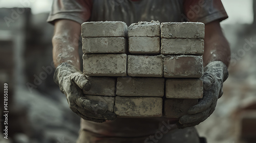 Construction Worker Holding Bricks