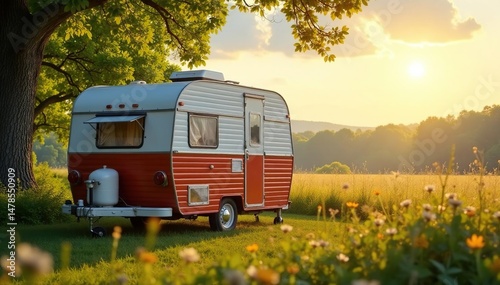 A classic caravan parked in a scenic countryside setting, bathed in golden sunlight , wanderlust, countryside