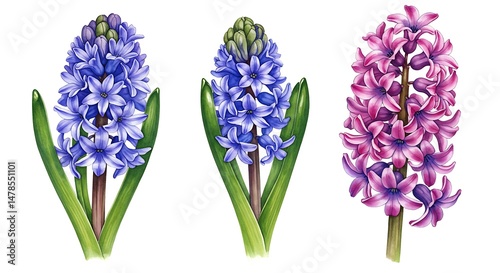 Botanical Hues: A Trio of Detailed Hyacinth Illustrations
