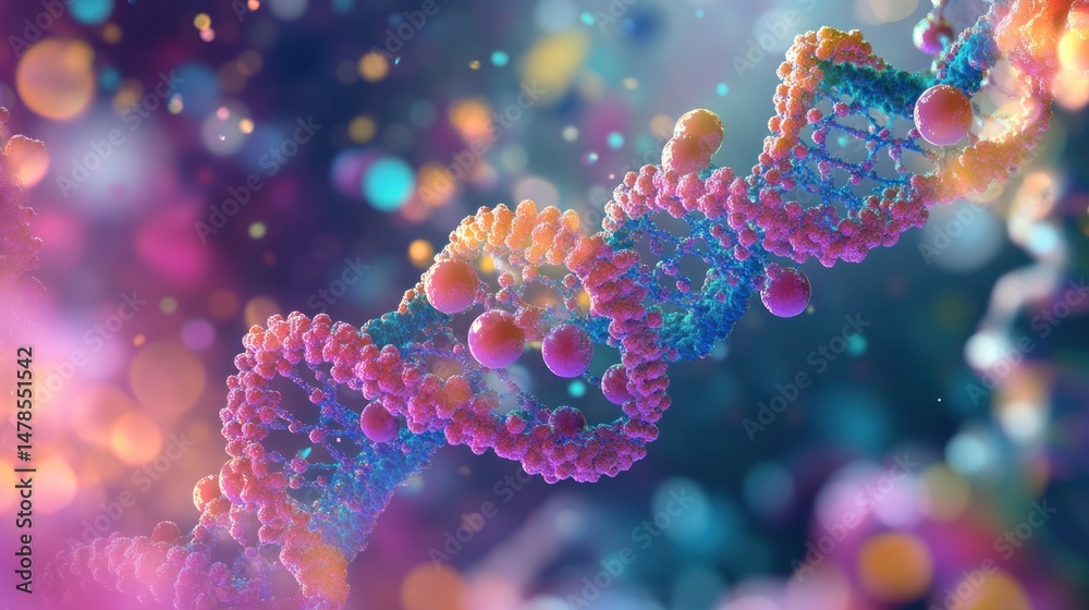 Naklejka premium vibrant dna helix rendering against a bokeh background symbolizing scientific exploration and the complexity of genetic research, showcasing its role in modern biology
