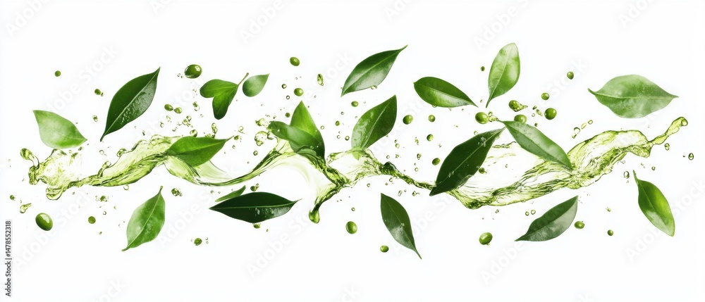 Obraz premium Green Tea Leaves and Liquid Splash on White Background Studio Shot High Angle Freshness Natural Organic Wellness