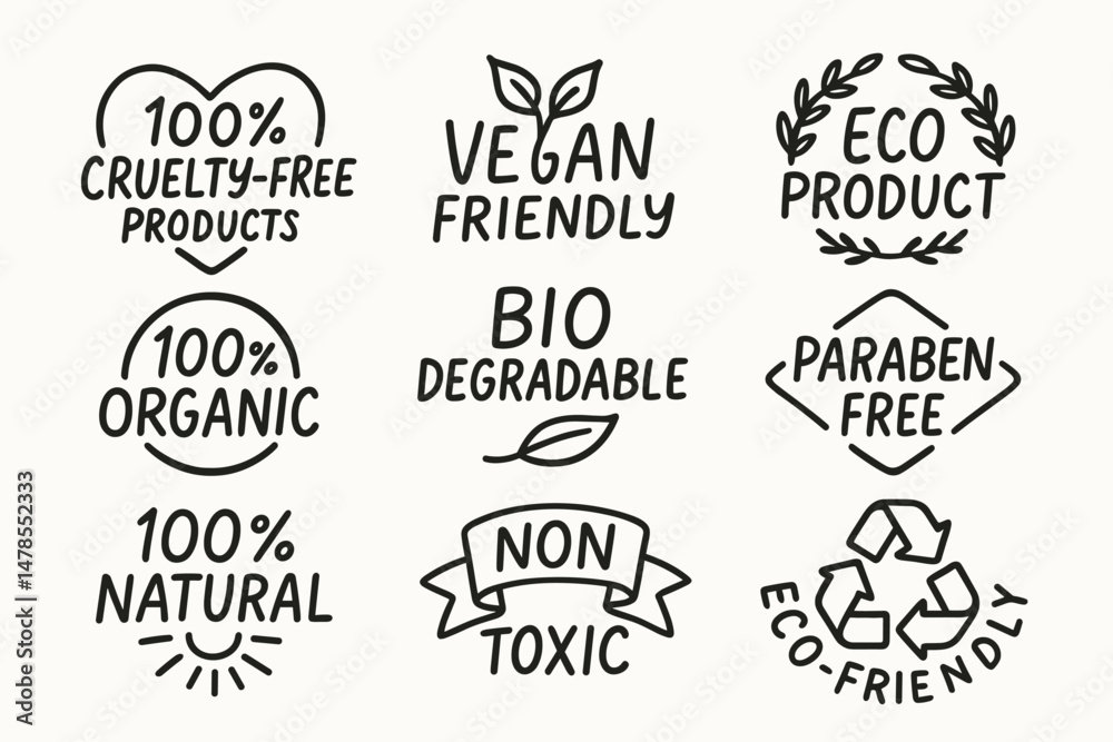 Fototapeta premium Hand drawn vegan, cruelty-free, and eco friendly product label badges set. Vector labels collection