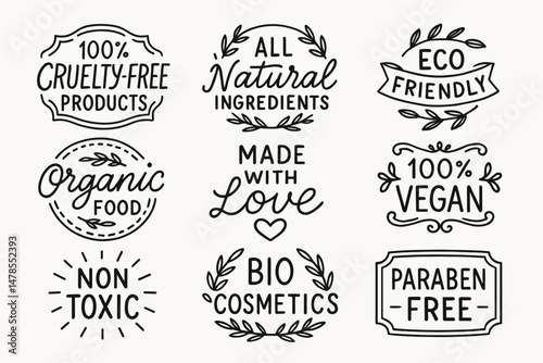 Hand drawn vegan, cruelty-free, and eco friendly product label badges set. Vector labels collection