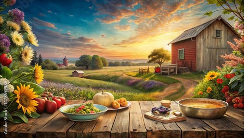 Hand-Painted Farm Scene: Rustic Countryside Food Photography Background