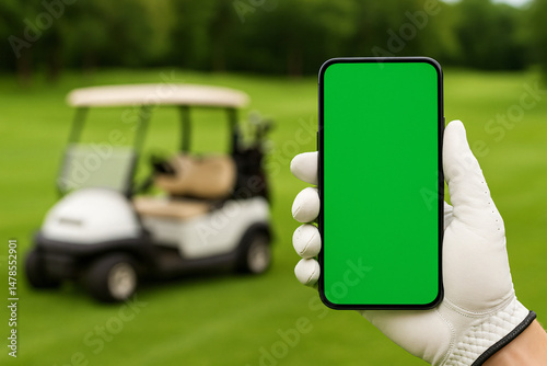 Golfer hand in white glove holding smartphone with green screen on golf course. Golf cart in background. Perfect for sports, mobile app, or outdoor lifestyle concepts.