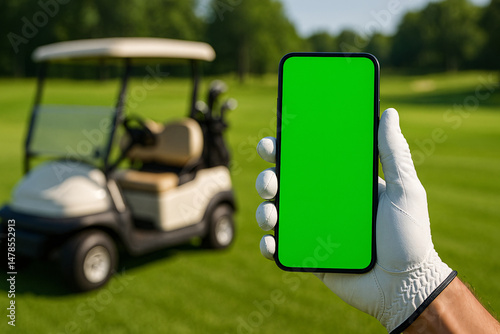 Golfer hand in white glove holding smartphone with green screen on golf course. Golf cart in background. Perfect for sports, mobile app, or outdoor lifestyle concepts.