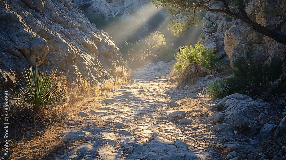 Naklejka premium Sunbeams illuminate a rocky path through rugged mountains with small desert plants beside the trail