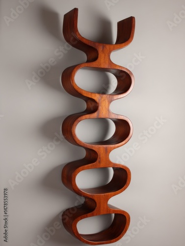 Vertical shot of mid century modern wooden wall shelf with organic curves and warm tones against a gray wall in studio setting