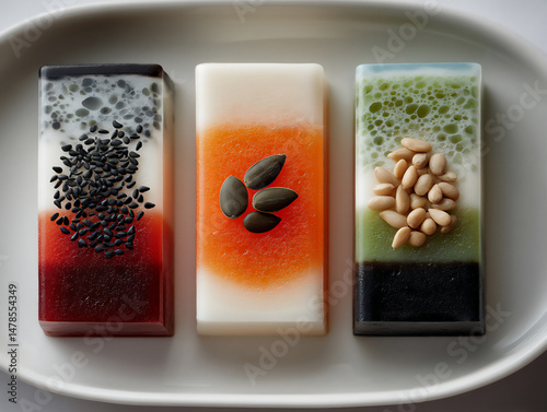 bright and clear flat lay top-view food photograph of three different gangjeong bars on a white plate: one with black sesame seeds, one with pumpkin seeds photo