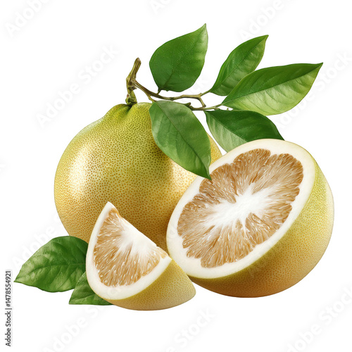 Fresh ripe pomelo fruit slices with green leaves isolated on healthy citrus tropical food delicious vitamins juicy on transparent background diet black