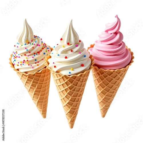 Set of 3 Ice Cream Cones with Different Flavors 3D Render on Transparent Background